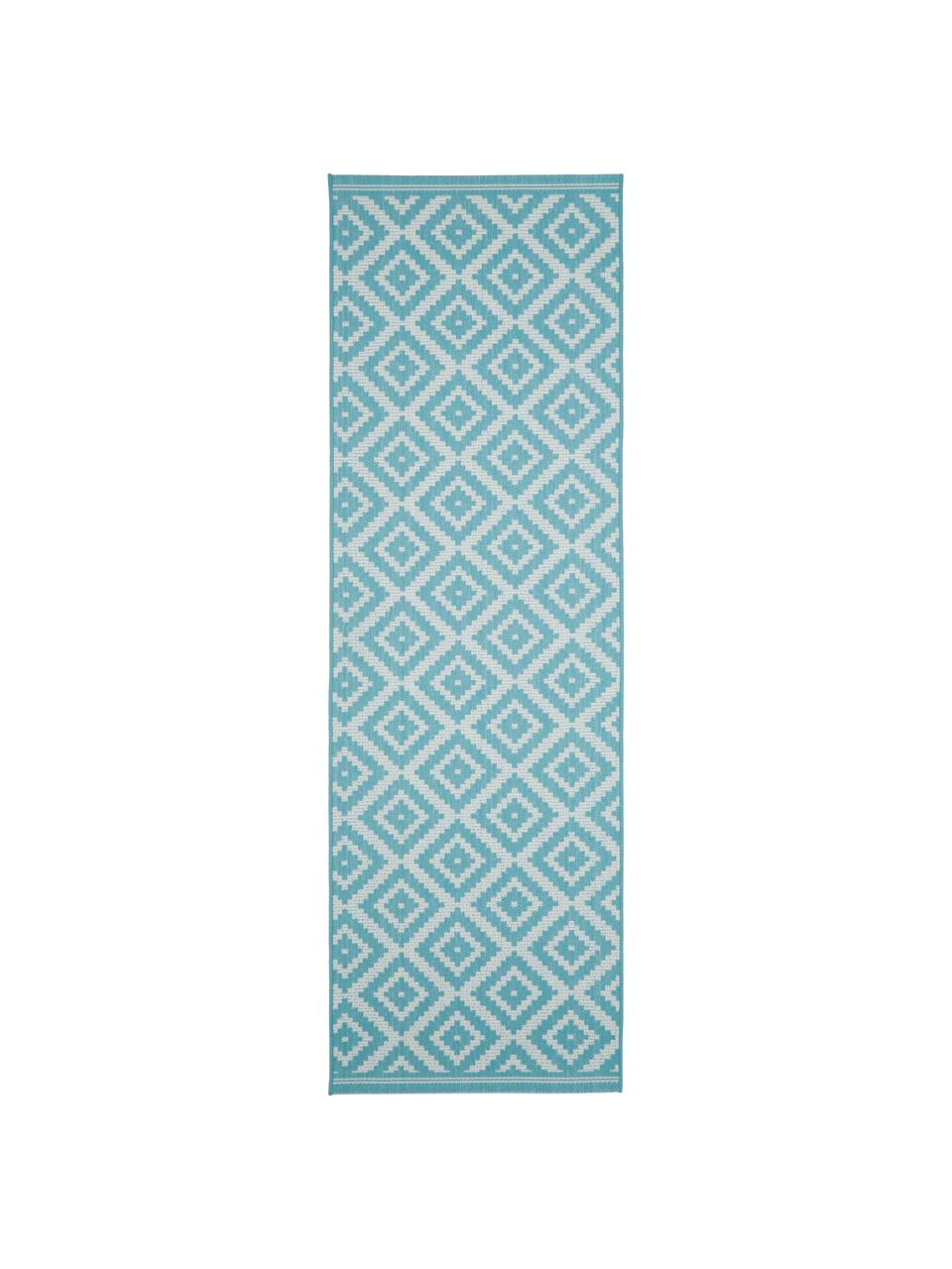 In- & outdoor loper met patroon Miami in turquoise/wit, 86% polypropyleen, 14% polyester, Wit, turquoise, B 80 x L 250 cm