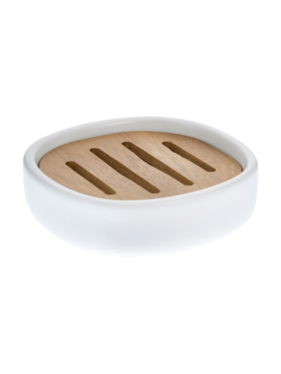 Porte-savon Wili, Blanc, bois d'acacia, Ø 13 x haut. 4 cm