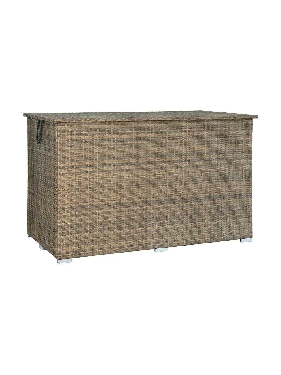 Garten-Aufbewahrungsbox Alan mit flexibler Einlage, Box: Polyethylen-Rattan, Gestell: Aluminium, beschichtet, Griff: Kunststoff, Brauntöne, Schwarz, Silberfarben, B 154 x H 93 cm