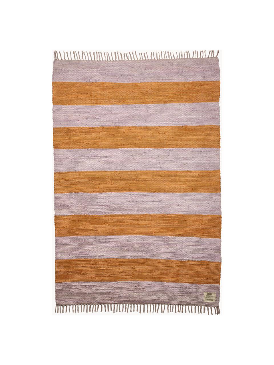 Tappeto in cotone tessuto a mano con frange Chindi, 100% cotone, Lavanda, arancione, Larg. 60 x Lung. 90 cm