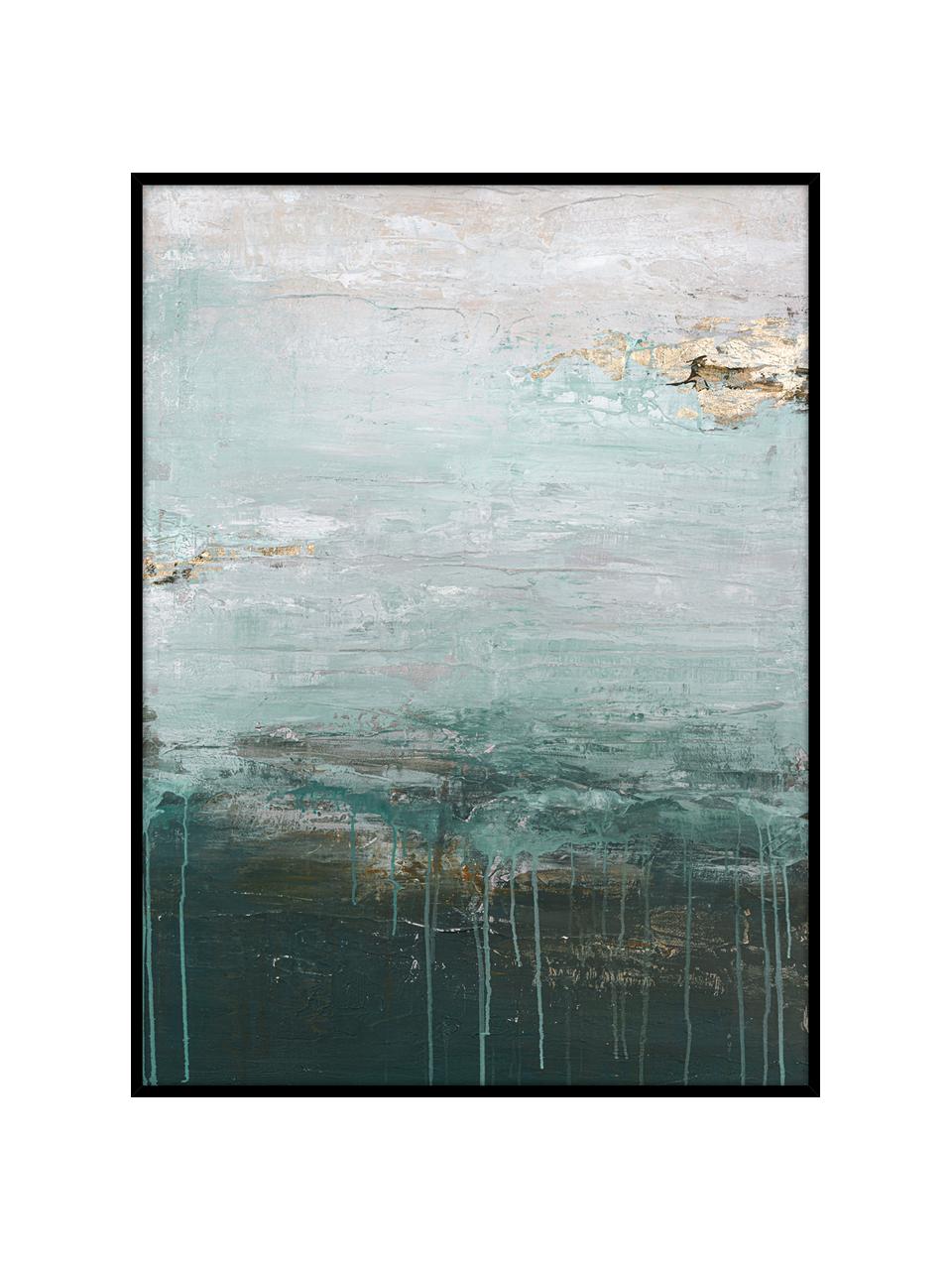 Quadro dipinto a mano con cornice in legno Gradient Grace, Cornice: legno di quercia, rivesti, Nero, tonalità blu, bianco crema, dorato, Larg. 92 x Alt. 120 cm