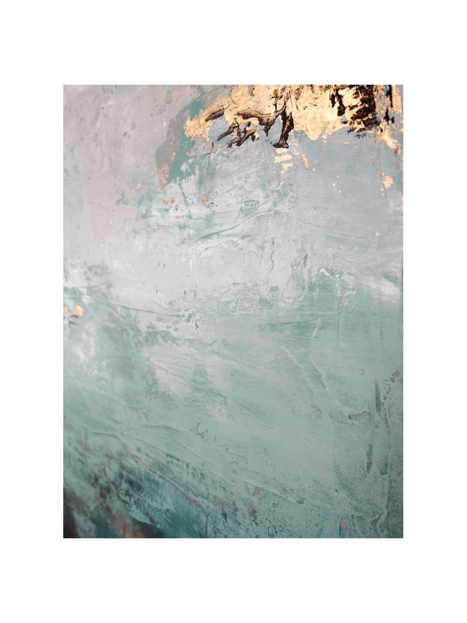 Cuadro en lienzo pintado a mano Gradient Grace, marco de madera, Negro, tonos azules, blanco crema, dorado, An 92 x Al 120 cm