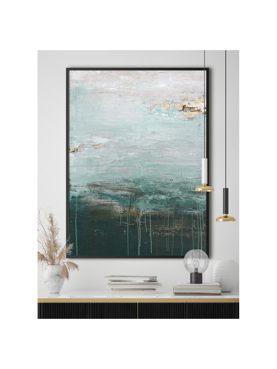 Quadro dipinto a mano con cornice in legno Gradient Grace, Cornice: legno di quercia, rivesti, Nero, tonalità blu, bianco crema, dorato, Larg. 92 x Alt. 120 cm