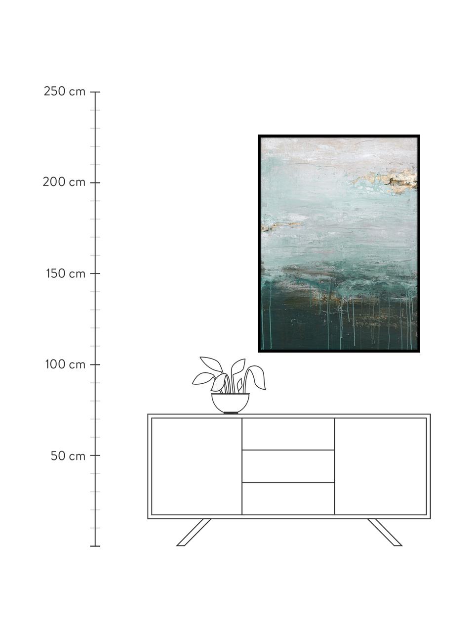 Handgemaltes Leinwandbild Gradient Grace mit Holzrahmen, Rahmen: Eichenholz, beschichtet, Schwarz, Blautöne, Cremeweiß, Goldfarben, B 92 x H 120 cm