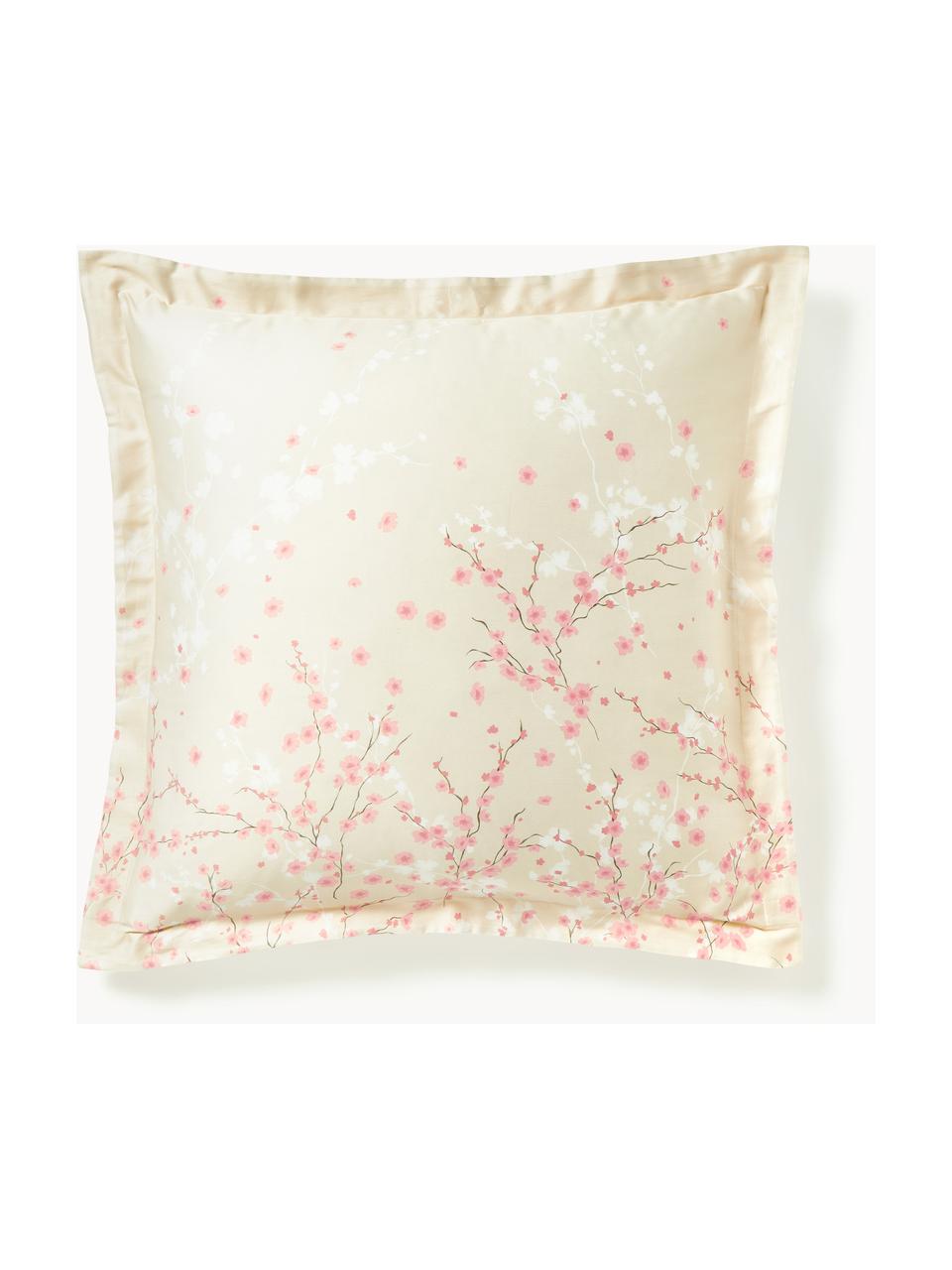 Baumwollsatin-Kopfkissenbezug Sakura mit Blumen-Print, Webart: Satin Fadendichte 250 TC,, Hellbeige, Hellrosa, Weiß, B 80 x L 80 cm