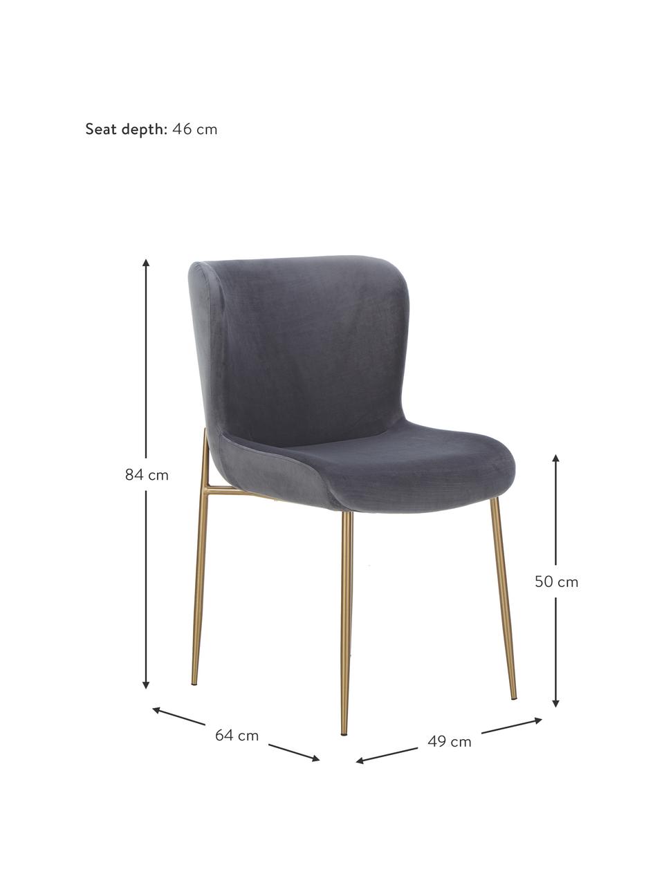 Fluwelen stoel Tess in donkergrijs, Bekleding: fluweel (polyester) Met 3, Poten: metaal, gepoedercoat, Fluweel donkergrijs, goudkleurig, B 49 x D 64 cm