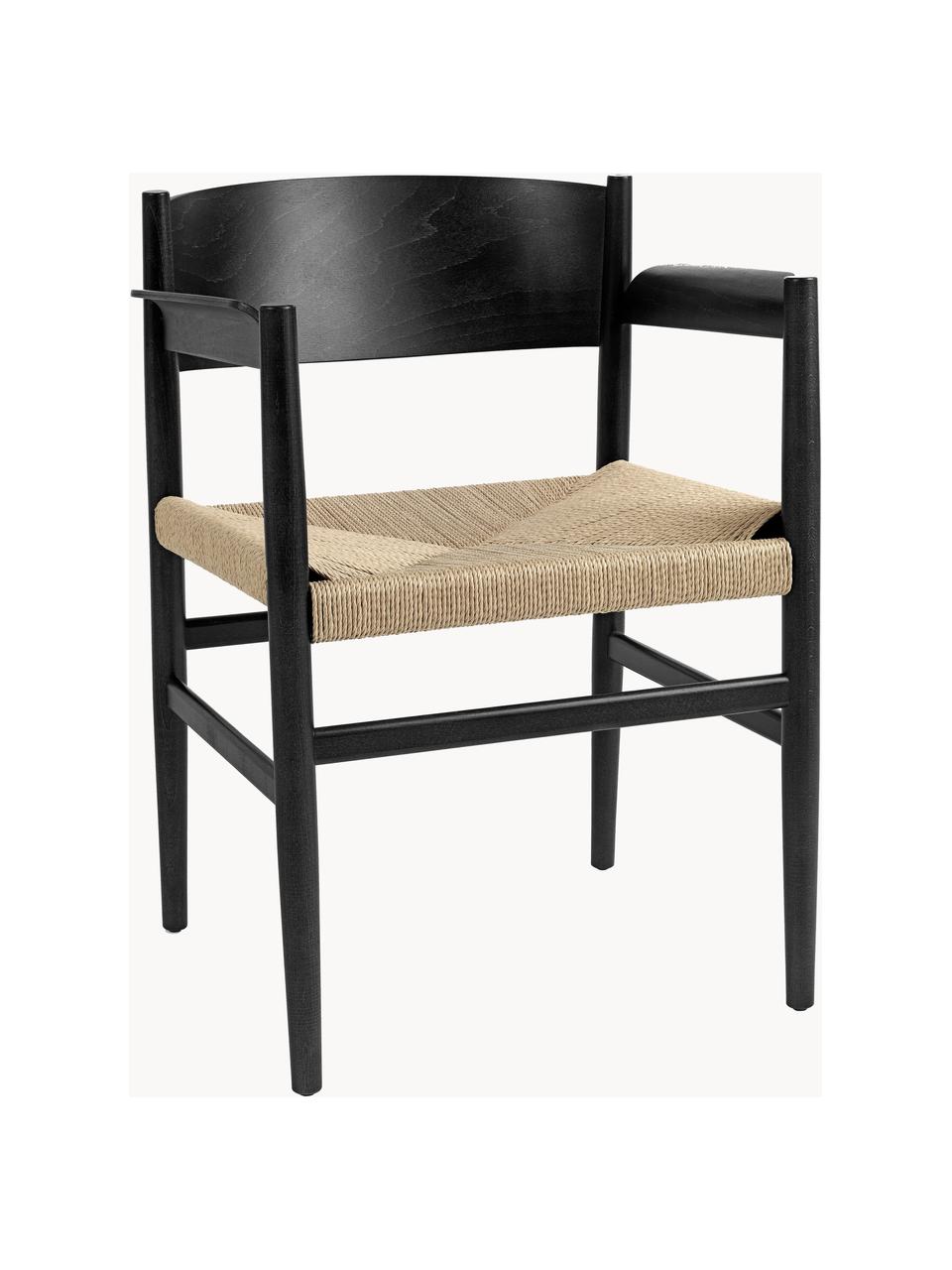 Holz-Armlehnstuhl Nestor mit geflochtener Sitzfläche, Sitzfläche: Papiergeflecht, Gestell: Buchenholz Dieses Produkt, Hellbeige, Schwarz, B 56 x T 53 cm