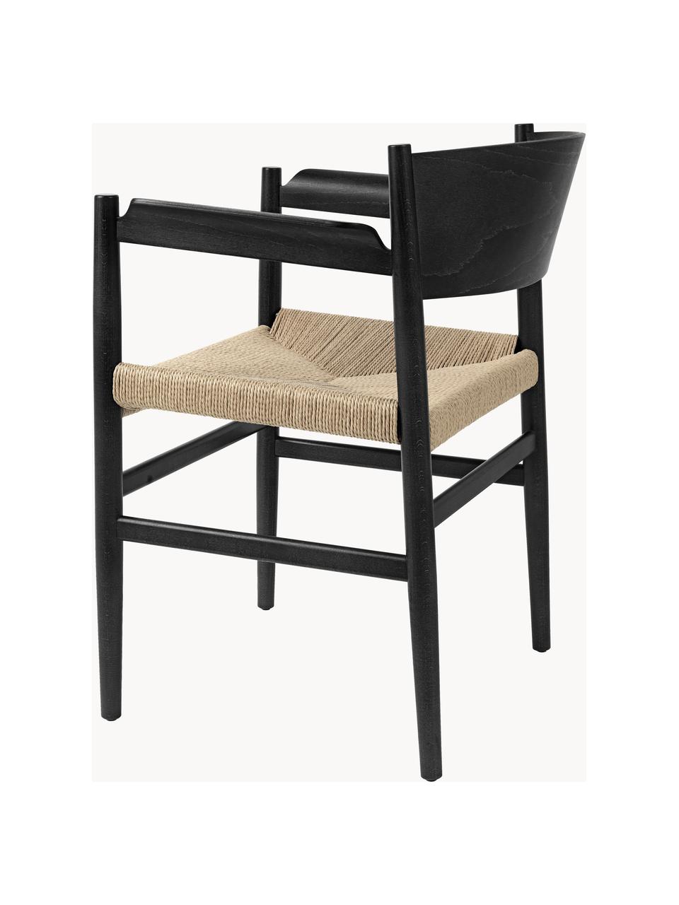 Dřevěná židle z bukového dřeva s područkami a tkaným sedákem Nestor, ručně vyrobená, Světle béžová, bukové dřevo černá lakovaný, Š 56 cm, H 53 cm