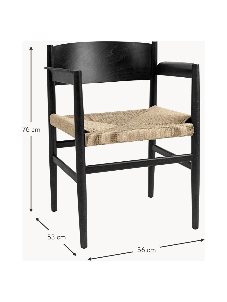 Silla con reposabrazos de madera y mimbre Nestor con geflochtener asiento, Asiento: malla de papel, Estructura: madera de haya Este produ, Beige claro, negro, An 56 x F 53 cm