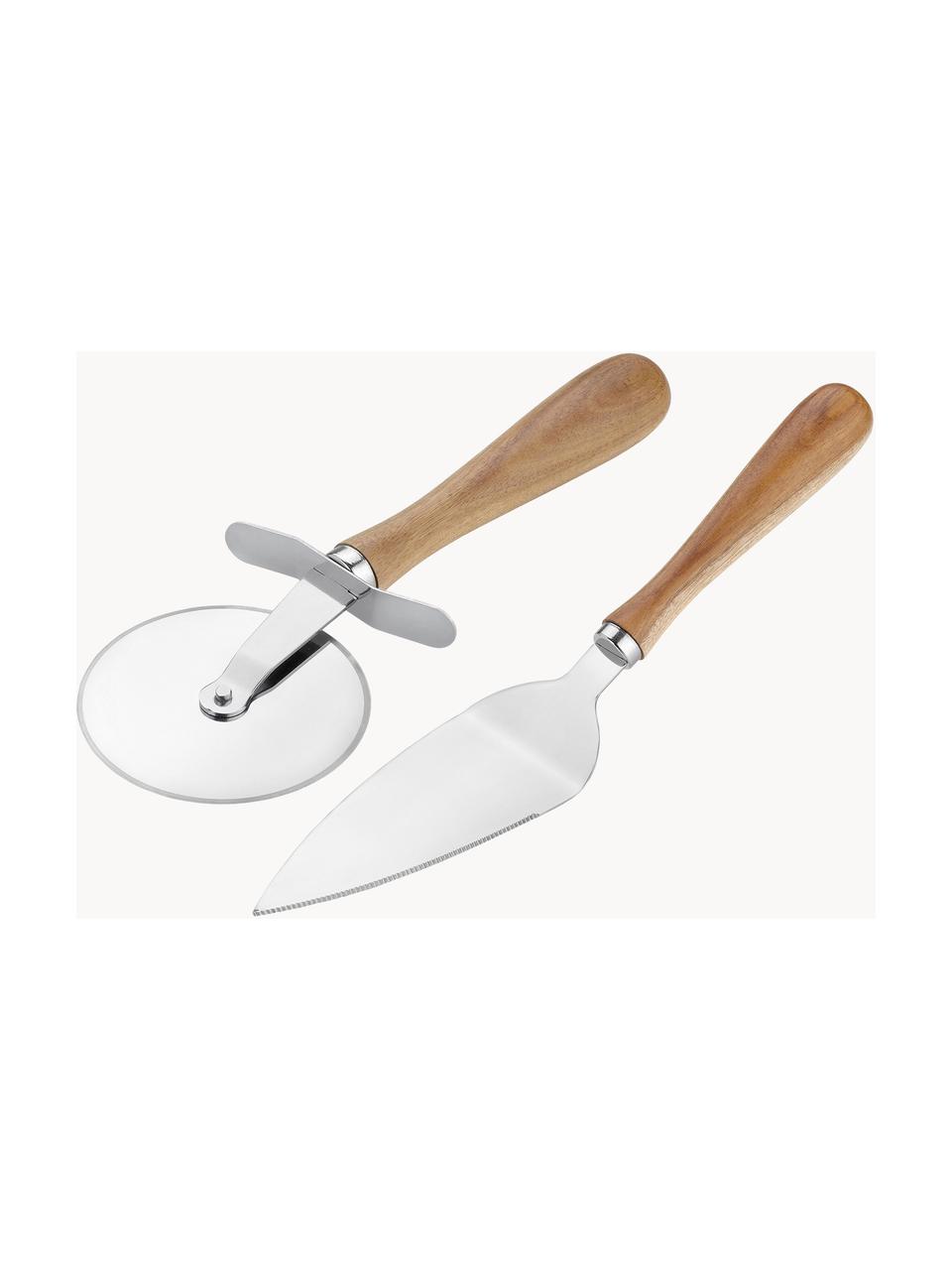 Pizzasnijder en lifter Belli, set van 2, Acaciahout, metaal, Zilverkleurig, helder hout, B 32 x H 4 cm