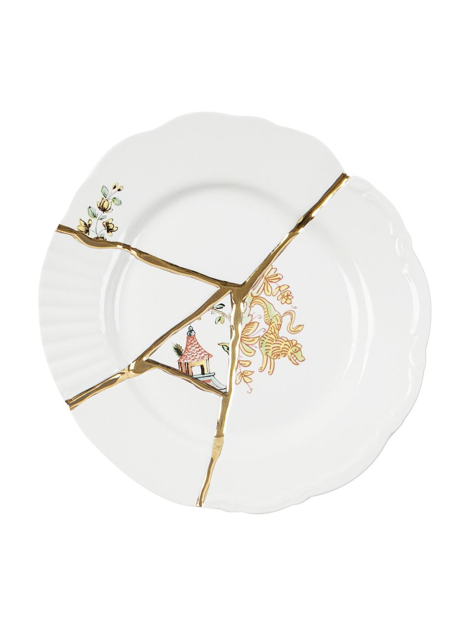 Plato postre de porcelana de diseño Kintsugi, Blanco con motivo floral y dragón japonés, Ø 21 cm