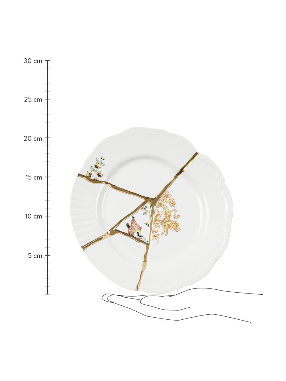 Plato postre de porcelana de diseño Kintsugi, Blanco con motivo floral y dragón japonés, Ø 21 cm