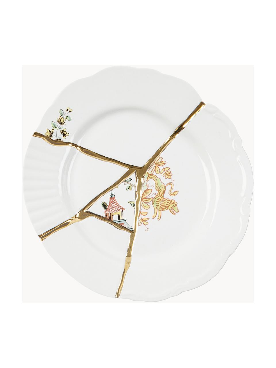 Designer porseleinen ontbijtbord Kintsugi, Decoratie: goudkleurig, Wit met bloemen en Japans drakenmotief, Ø 21 cm