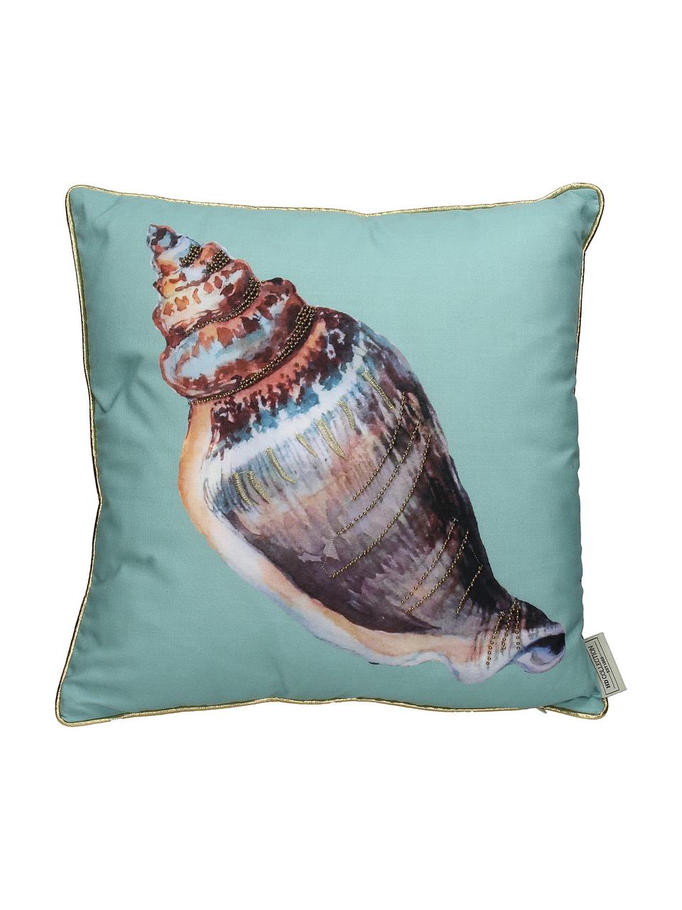 Vankúš s malými vyšívanými korálkami Shell, Tyrkysová, viacfarebná, Š 45 x D 45 cm