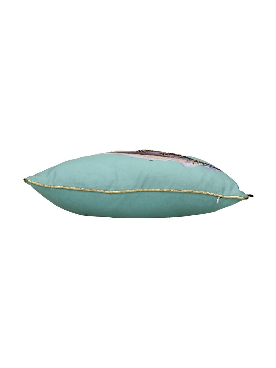 Coussin 45x45 extérieur avec petites perles brodées Shell, Turquoise, multicolore, larg. 45 x long. 45 cm