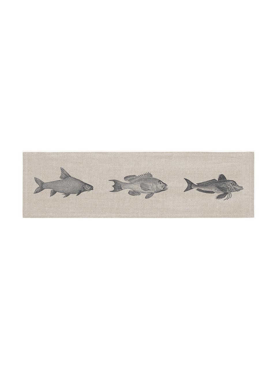 Chemin de table en lin sérigraphié à la main Fish, 100 % pur lin, Grège, anthracite, larg. 43 x long. 150 cm