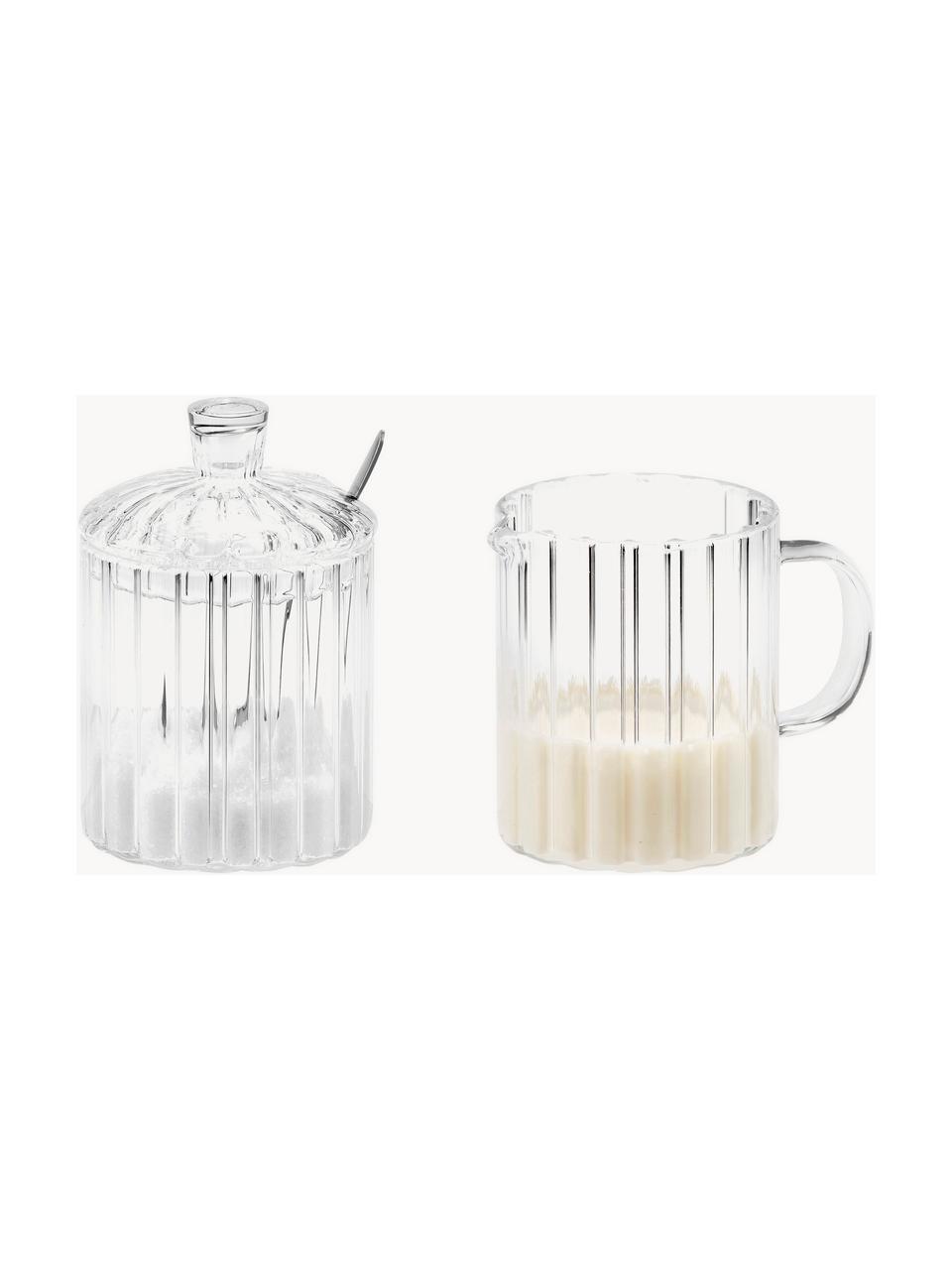 Milchkännchen und Zuckerdose Brilia aus Glas, 3er-Set, Löffel: Edelstahl, beschichtet, Transparent, Set mit verschiedenen Größen