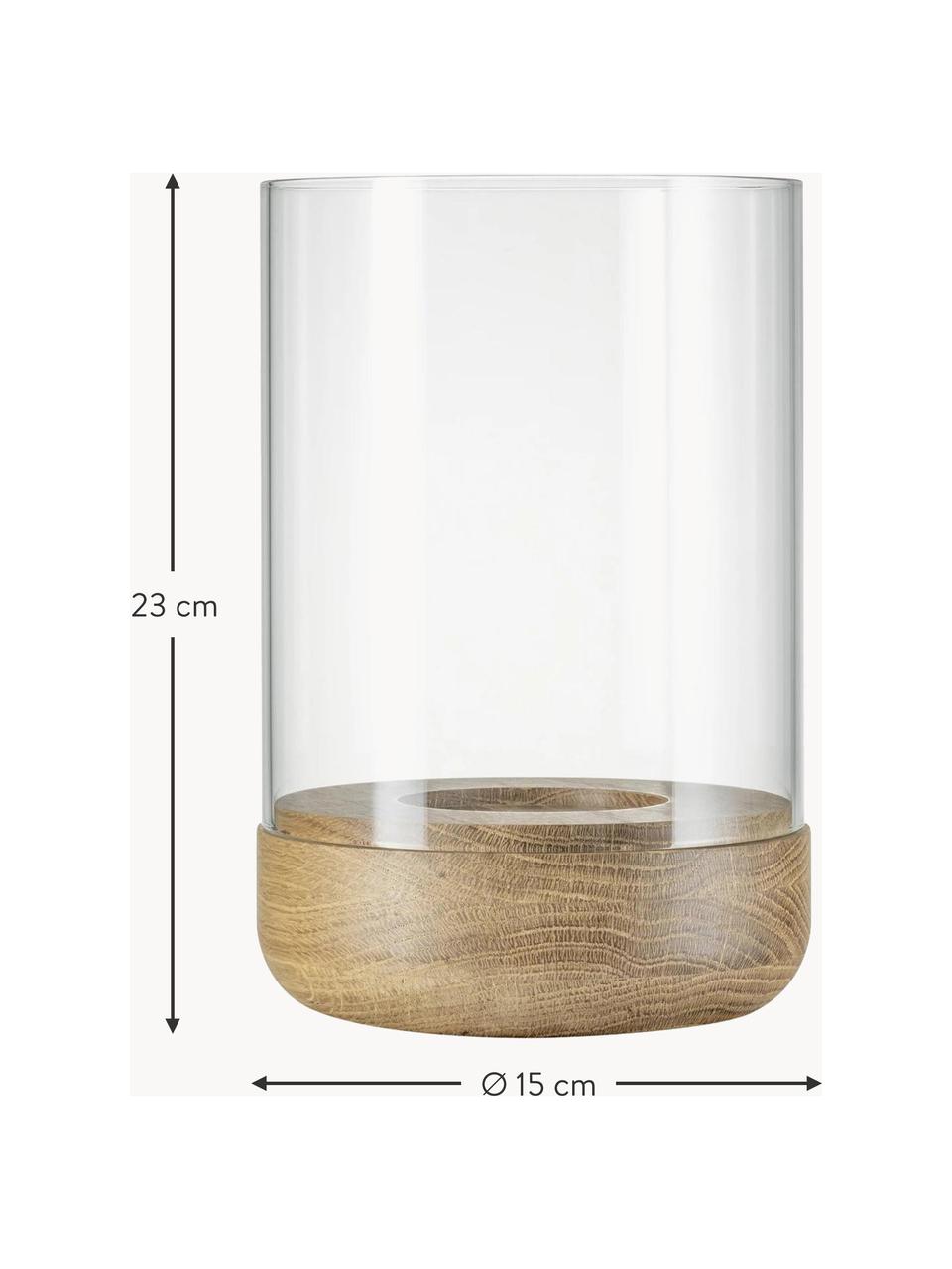 Photophore en verre Lanto, haut. 23 cm, Transparent, bois clair, Ø 15 x haut. 23 cm