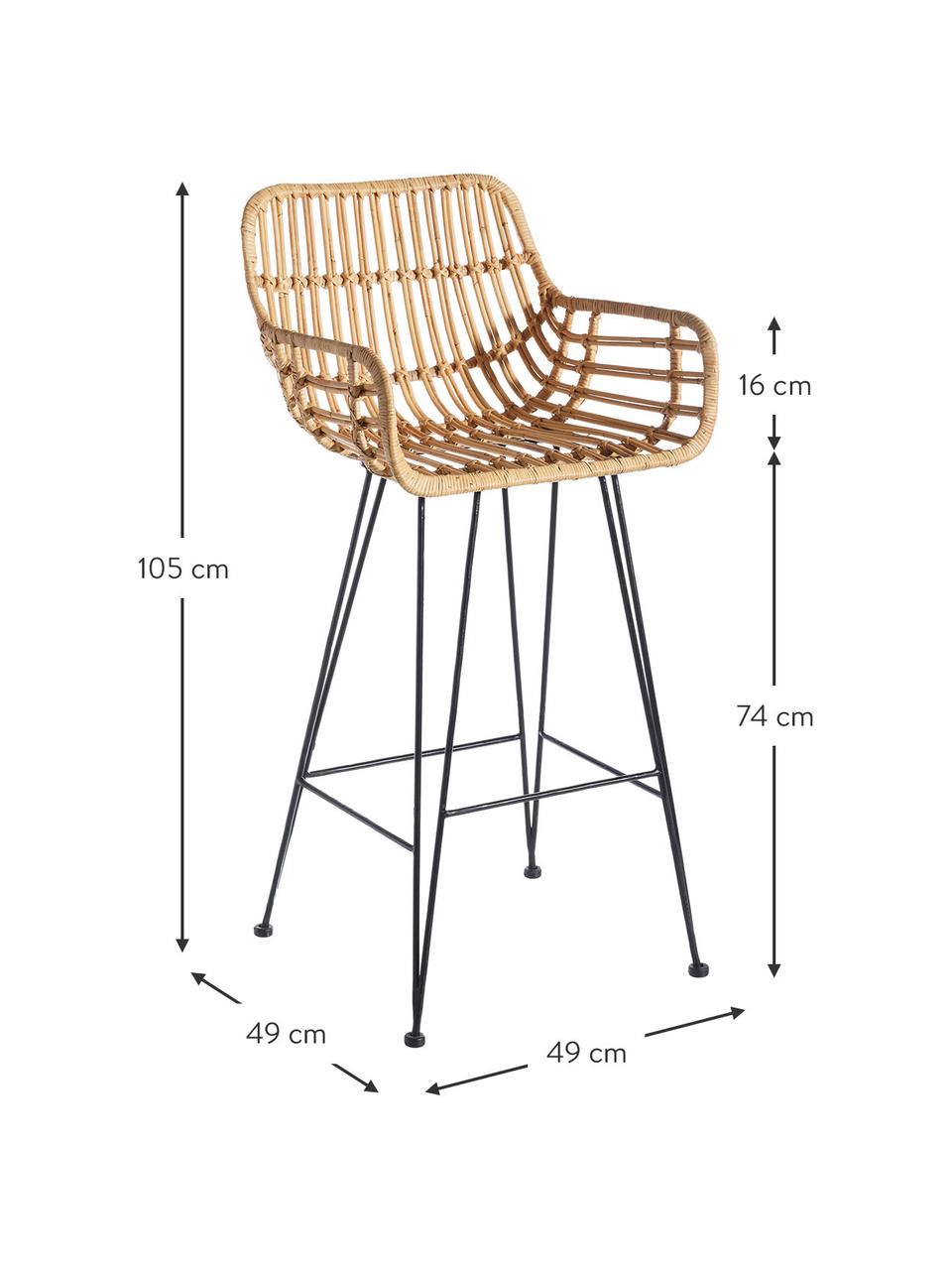 Sedia da bar in rattan Natural Way, Seduta: rattan, Gambe: metallo rivestito, Marrone, Larg. 49 x Alt. 105 cm