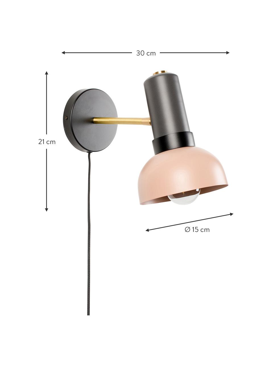 Verstelbare wandlamp Charlie met stekker, Lampenkap: gecoat metaal, Decoratie: gecoat metaal, Grijs, roze, D 30 x H 21 cm