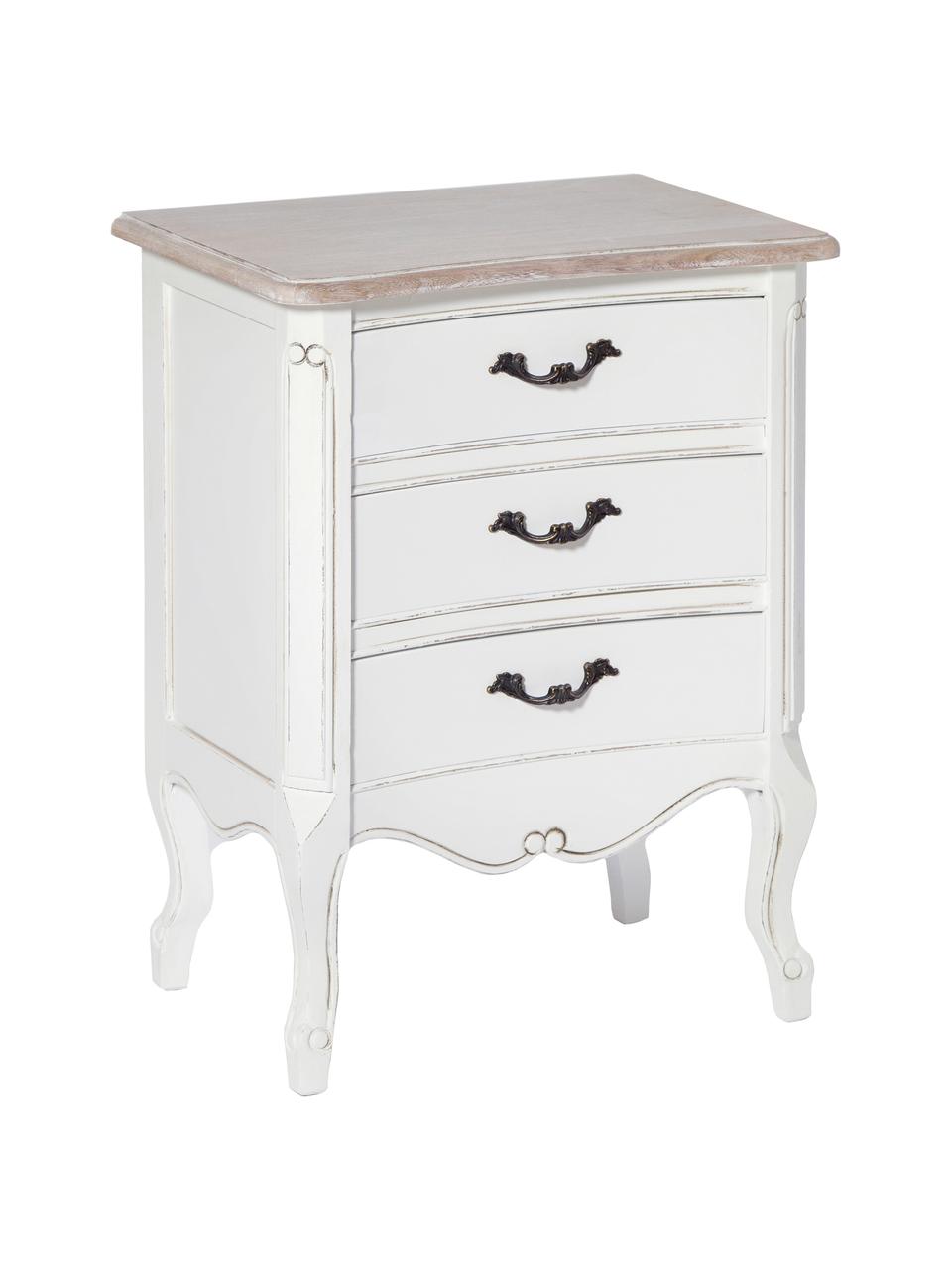 Comodino in legno di paulonia con 3 cassetti Provenza, Maniglie: metallo, Paralume: beige, bianco Base della lampada: bianco opaco Cavo: bianco, Larg. 50 x Prof. 33 cm