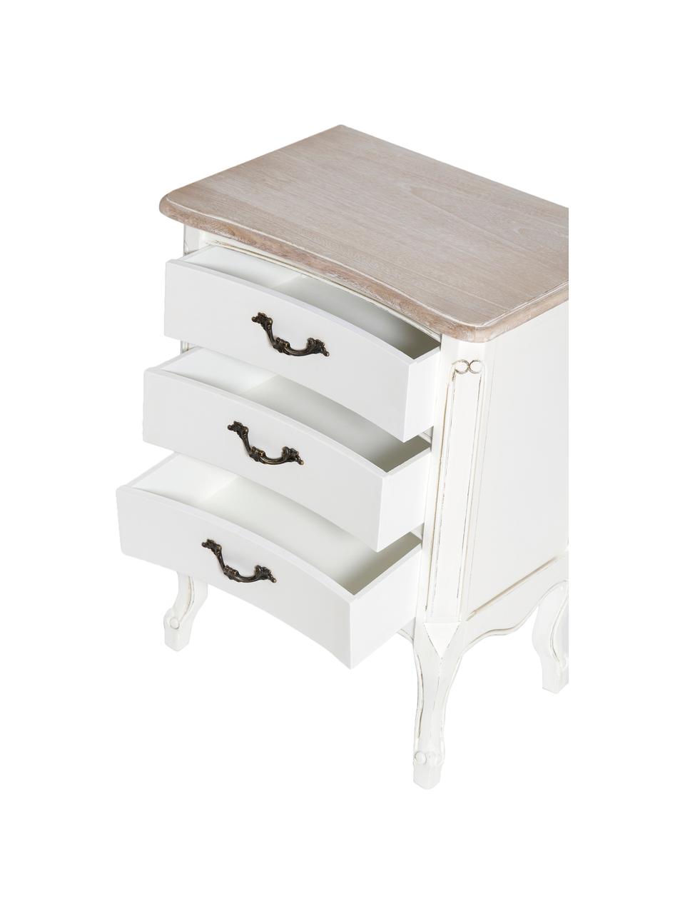 Comodino in legno di paulonia con 3 cassetti Provenza, Maniglie: metallo, Paralume: beige, bianco Base della lampada: bianco opaco Cavo: bianco, Larg. 50 x Prof. 33 cm