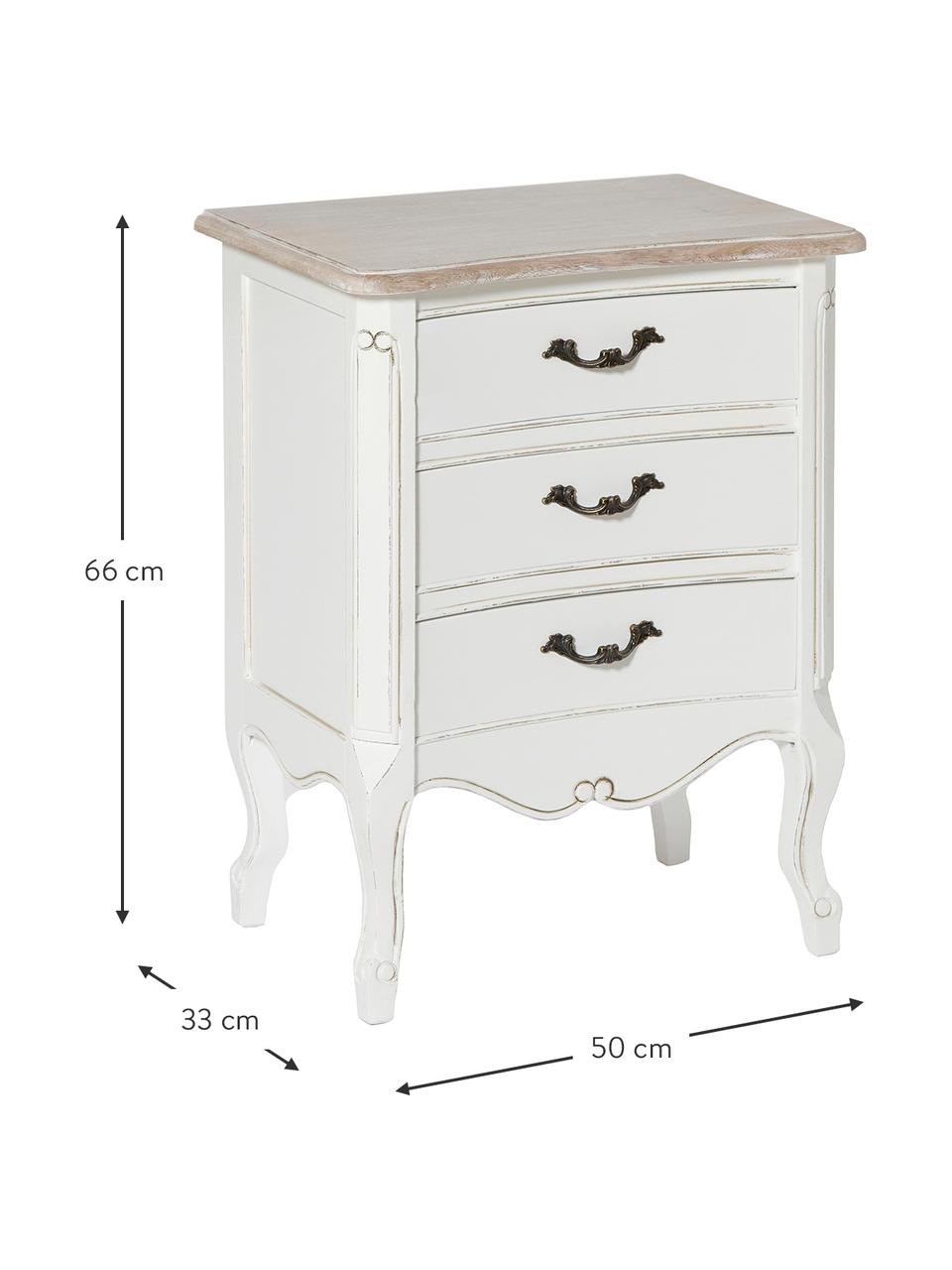 Comodino in legno di paulonia con 3 cassetti Provenza, Maniglie: metallo, Paralume: beige, bianco Base della lampada: bianco opaco Cavo: bianco, Larg. 50 x Prof. 33 cm