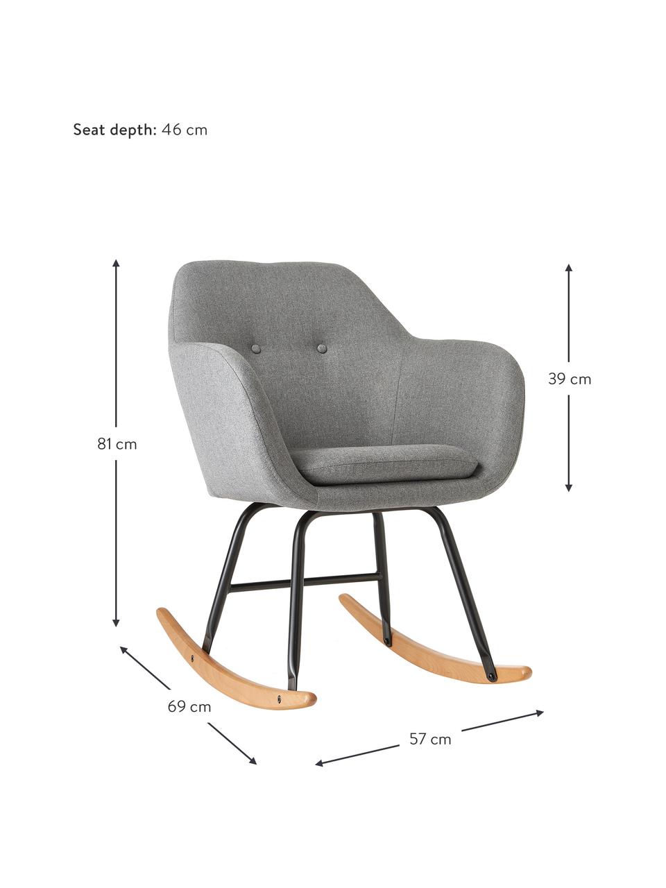 Fauteuil à bascule scandinave gris clair Emilia, Revêtement : gris clair Pieds : noir Arceaux : bois de hêtre, larg. 57 x prof. 69 cm