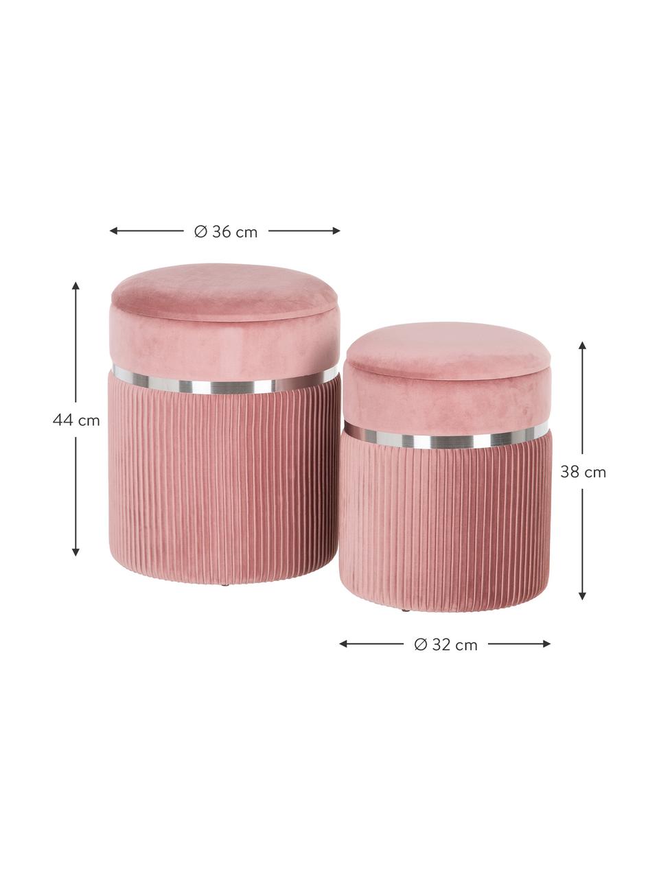 Pouf coffre rond en velours Chest, 2 élém., Rose, couleur argentée