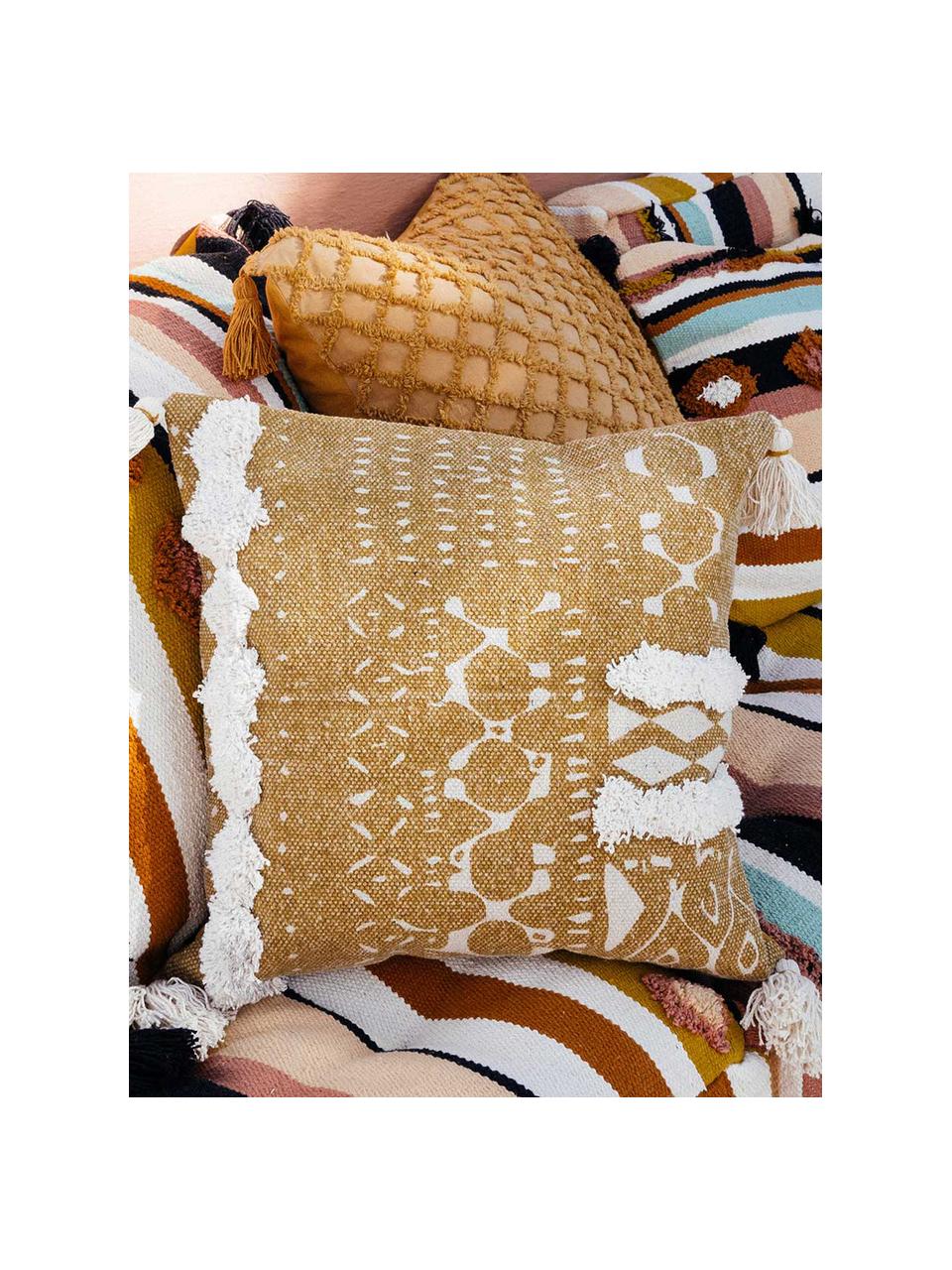 Boho-Kissenhülle Boa mit Hoch-Tief-Muster und Quasten, 100% Baumwolle, Gelb, Weiß, 45 x 45 cm