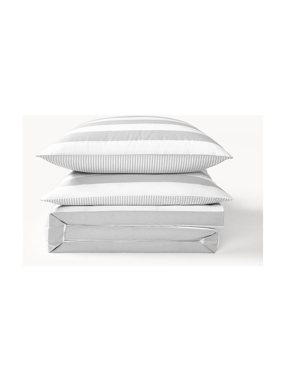 Funda nórdica doble cara de algodón a rayas Lorena, Gris claro, blanco, Cama 90 cm (155 x 220 cm)