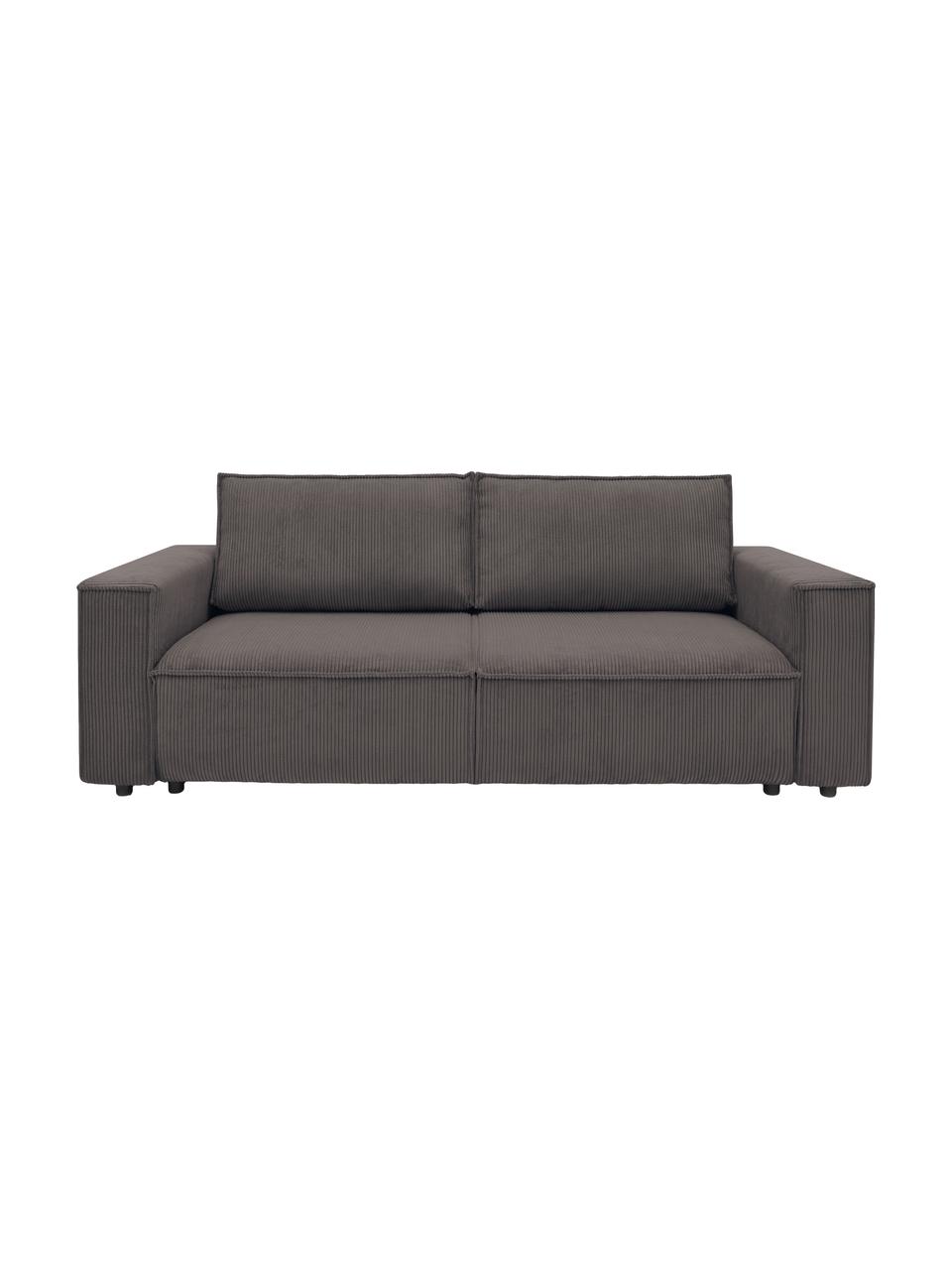 Sofa rozkładana ze sztruksu z miejscem do przechowywania Nihad (3-osobowa), Tapicerka: sztruks poliestrowy, Nogi: tworzywo sztuczne, Brązowy, S 245 x G 102 cm