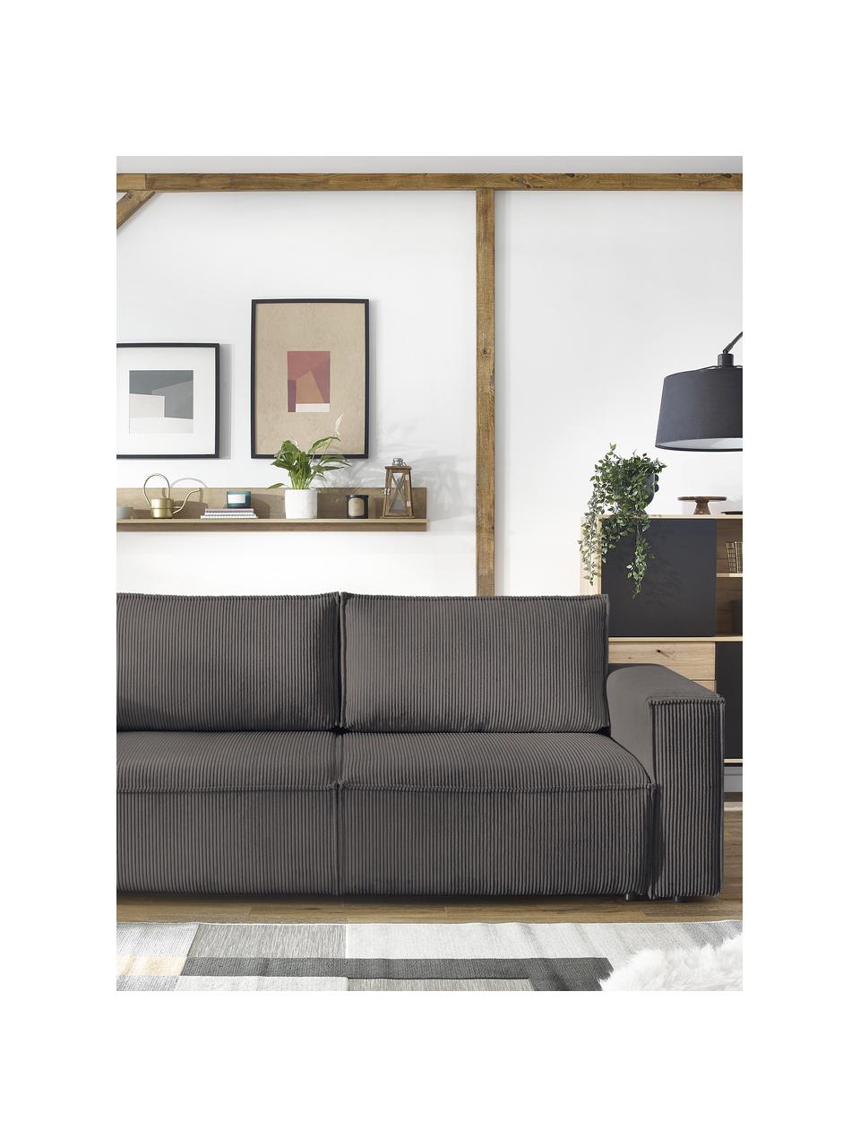 Sofa rozkładana ze sztruksu z miejscem do przechowywania Nihad (3-osobowa), Tapicerka: sztruks poliestrowy, Nogi: tworzywo sztuczne, Brązowy, S 245 x G 102 cm