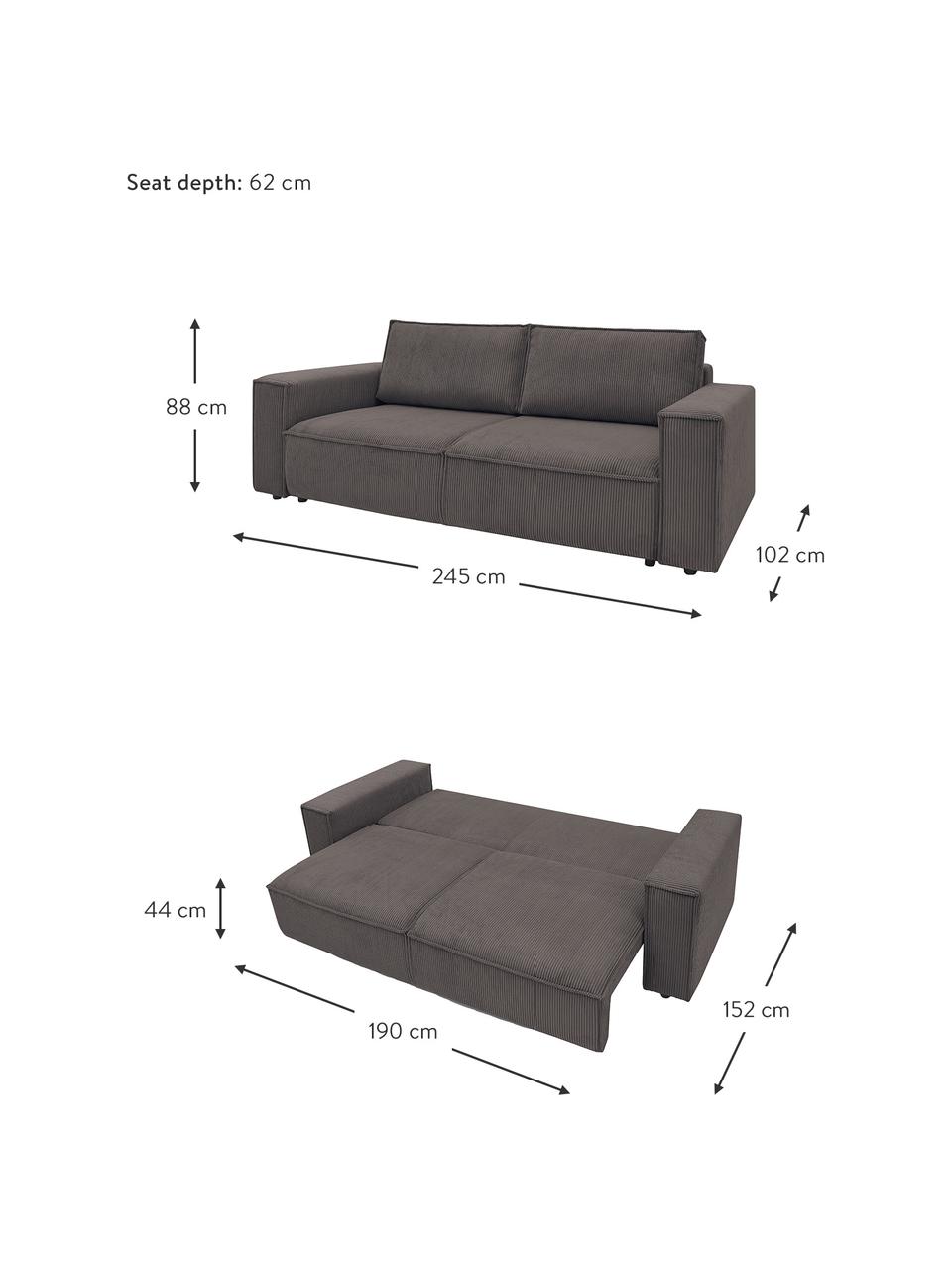 Divano letto 3 posti in velluto a coste grigio scuro con contenitore Nihad, Rivestimento: corda di poliestere, Sottostruttura: legno, molle Nosag, Piedini: plastica, Marrone, Larg. 245 x Prof. 102 cm