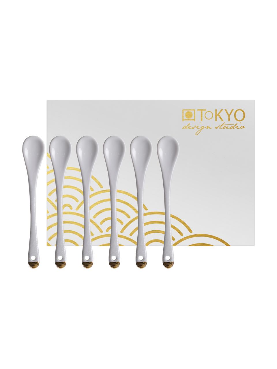 Set de cucharas artesanales Nippon, 6 uds., Porcelana, Blanco, dorado, L 13 cm