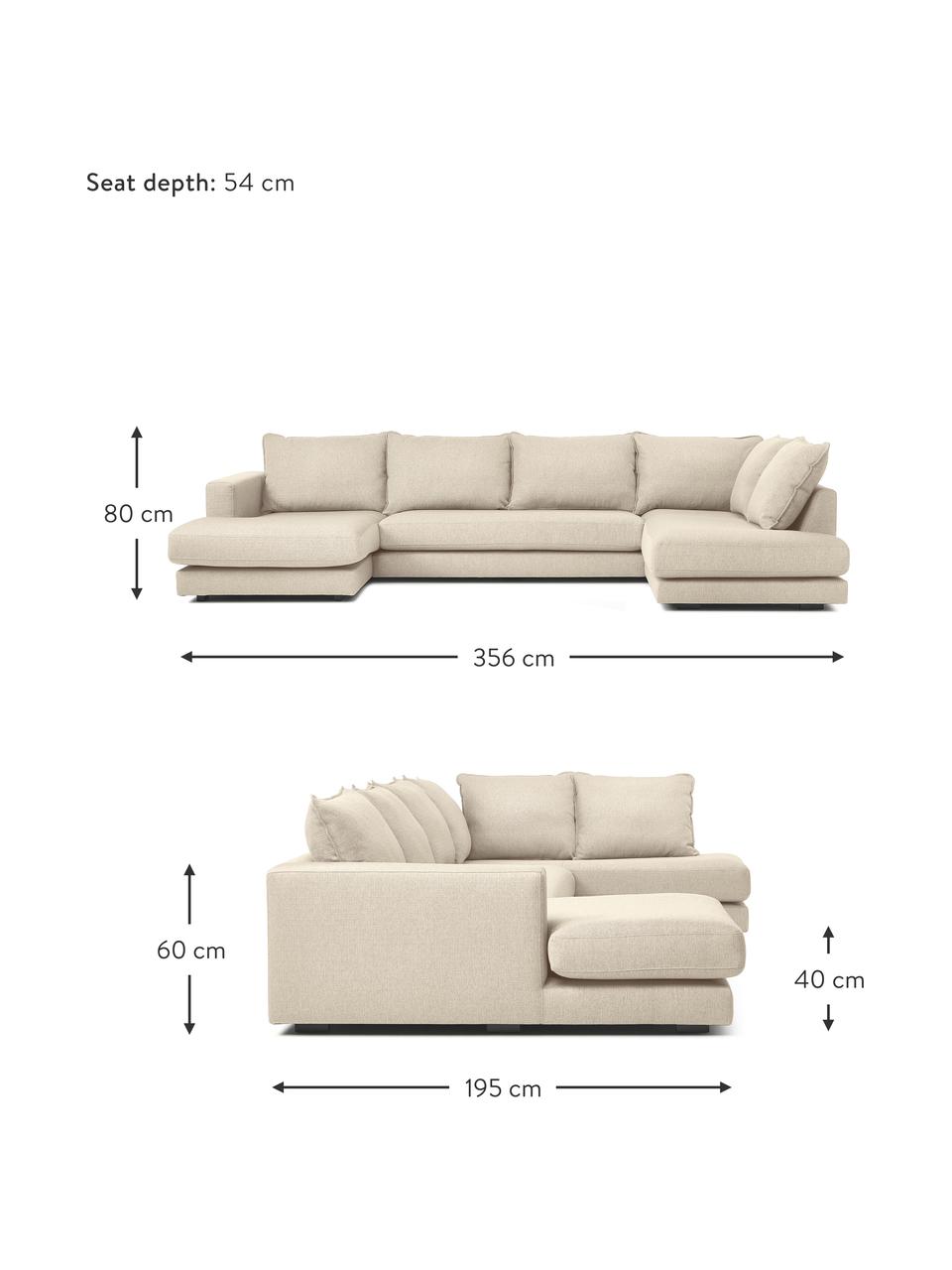 Divano da soggiorno Tribeca, Rivestimento: 100% poliestere Il rivest, Struttura: legno di pino massiccio, Piedini: legno massiccio di faggio, Tessuto beige scuro, Larg. 356 x Prof. 195 cm, chaise-longue a sinistra