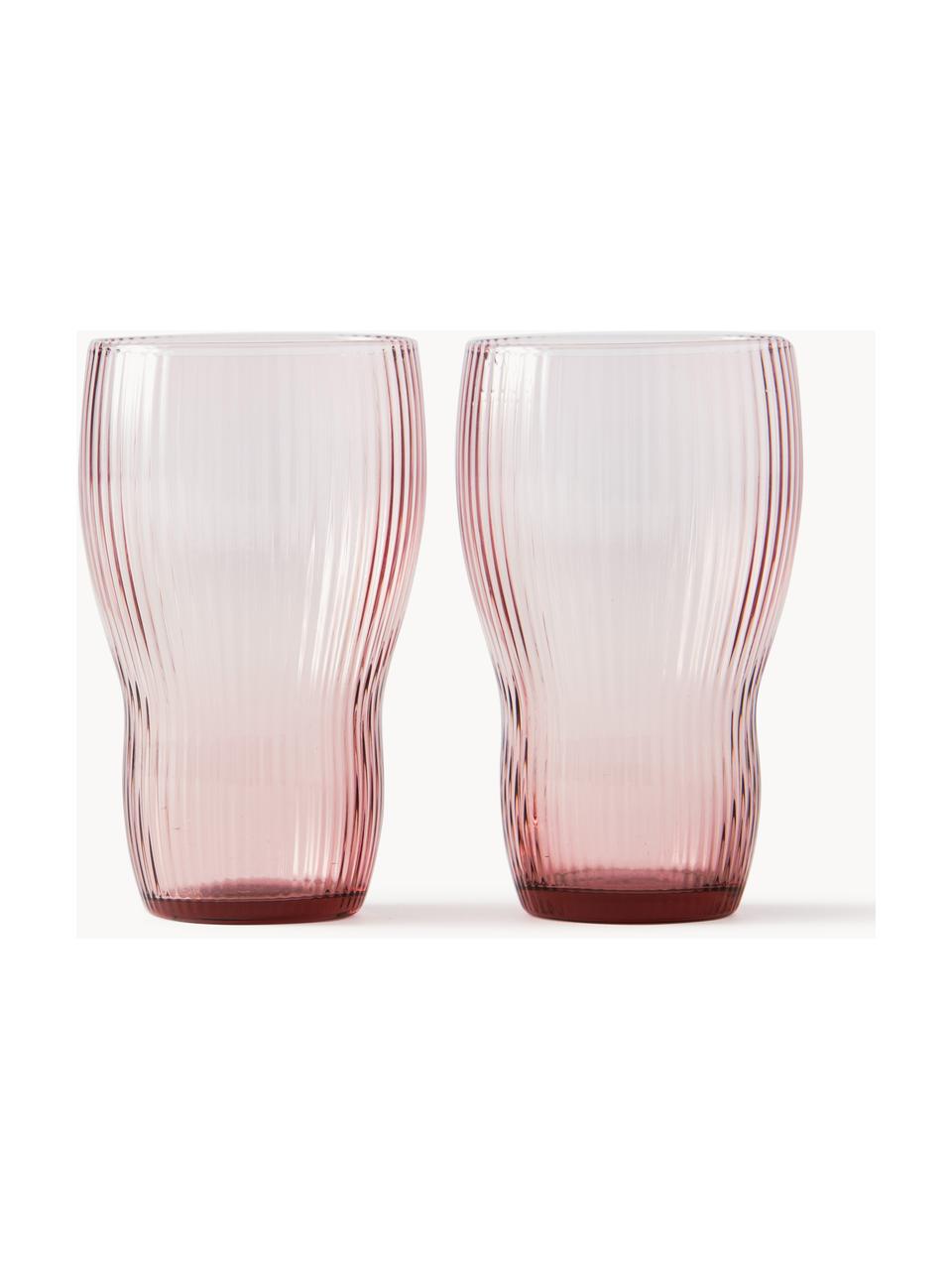 Bicchieri da long drink in vetro soffiato con struttura millerighe Pum, 2 pz, Vetro soffiato, Rosa, Ø 7 x Alt. 12 cm, 300 ml