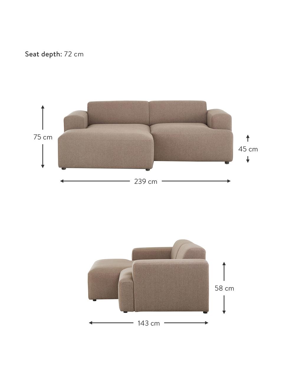 Canapé d'angle 3 places Melva, Tissu taupe, larg. 239 x prof. 143 cm, méridienne à gauche
