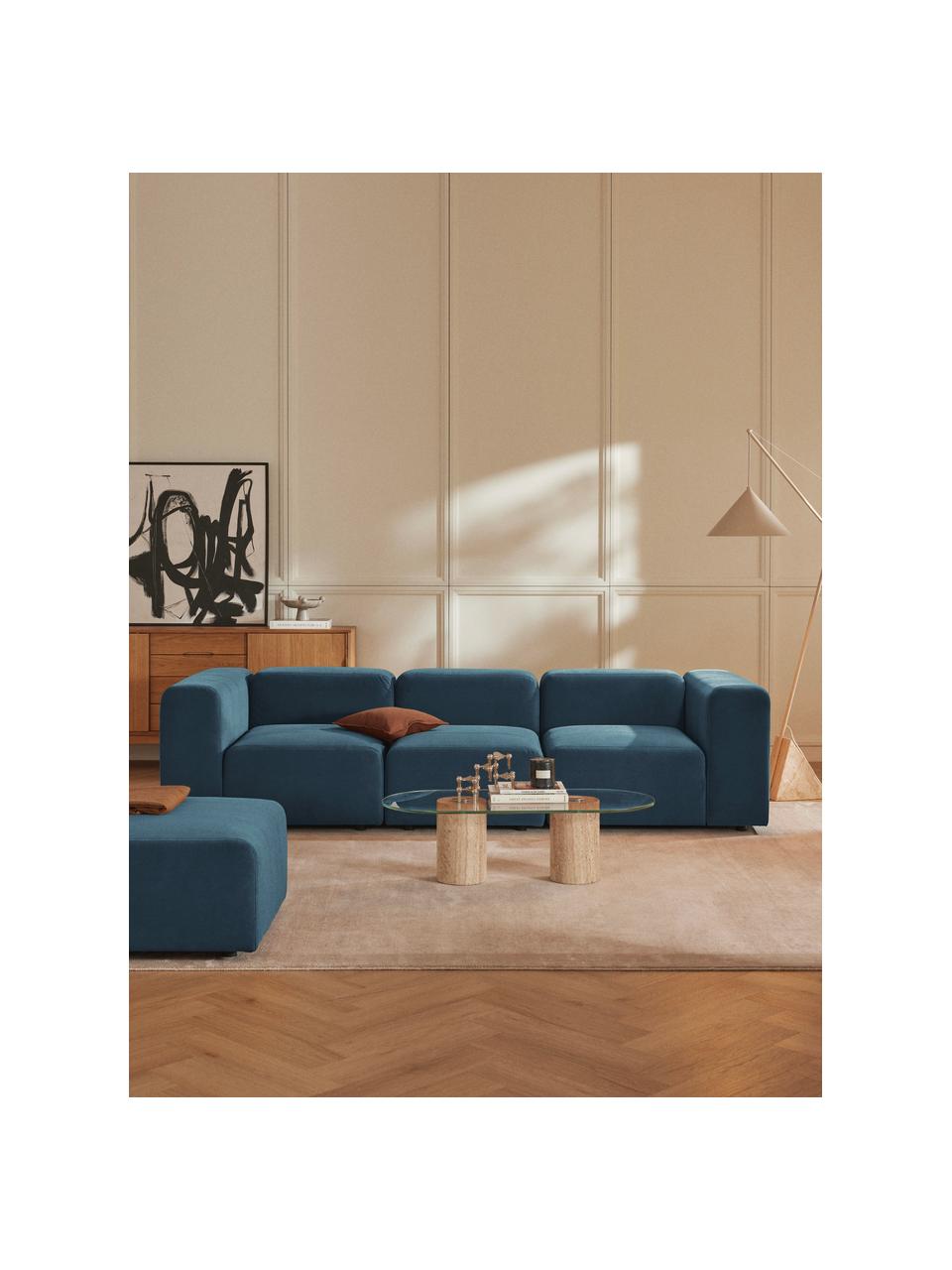 Divano componibile 4 posti in velluto Lena, Rivestimento: velluto (100% poliestere), Struttura: legno di pino, legno lami, Piedini: plastica, Velluto grigio-blu, Larg. 284 x Prof. 106 cm