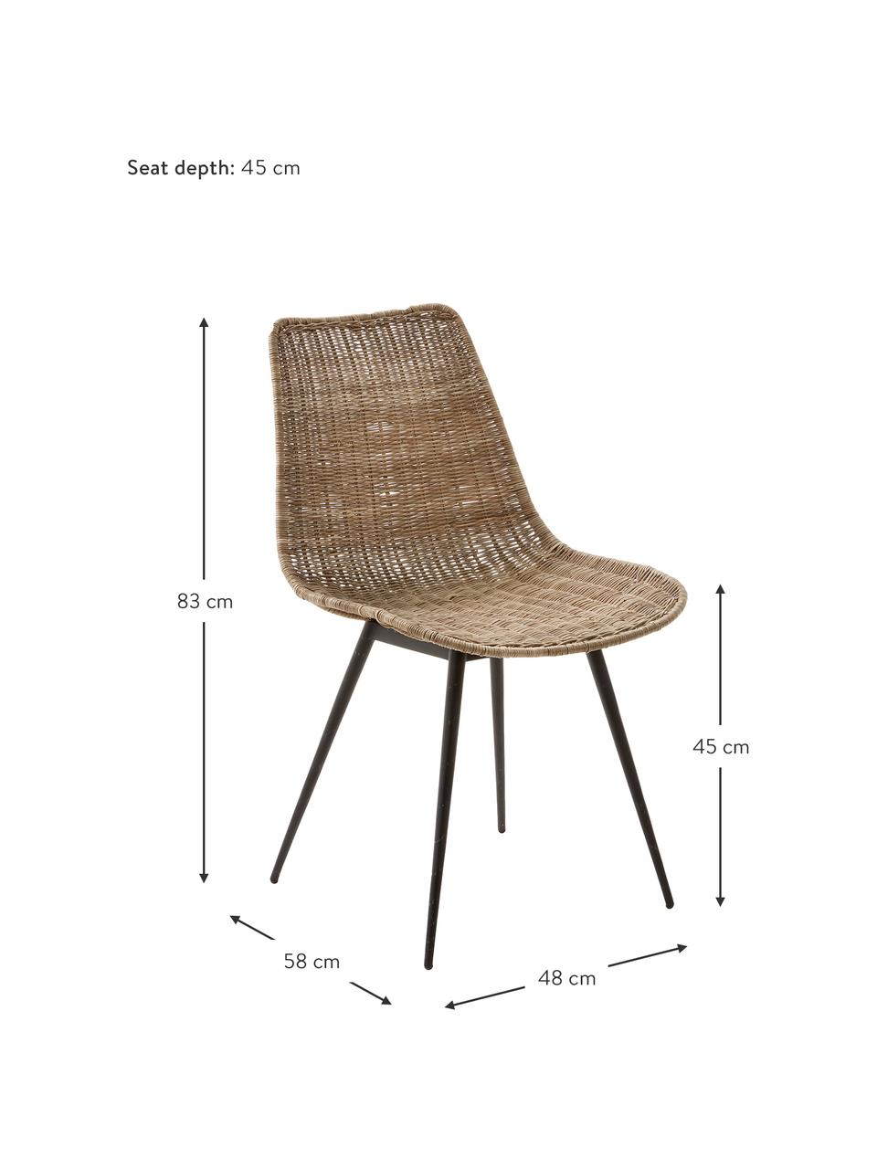 Ratanová stolička s kovovými nohami Equal, Hnedá, čierna, Š 48 x H 58 cm
