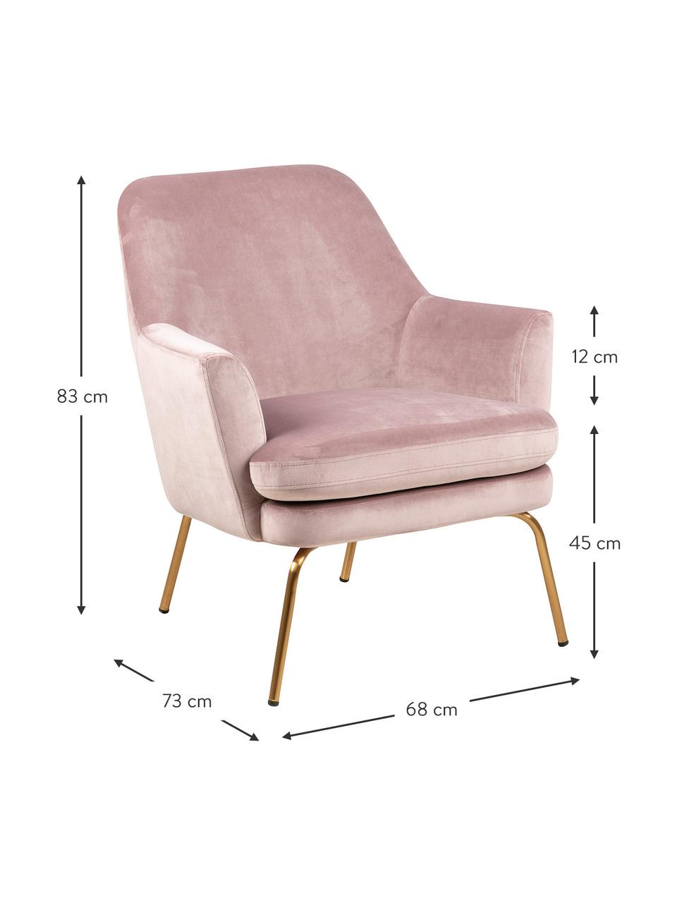 Fluwelen fauteuil Chisa in roze, Bekleding: polyester fluweel, Poten: gelakt metaal, Fluweel roze, B 68 x D 73 cm