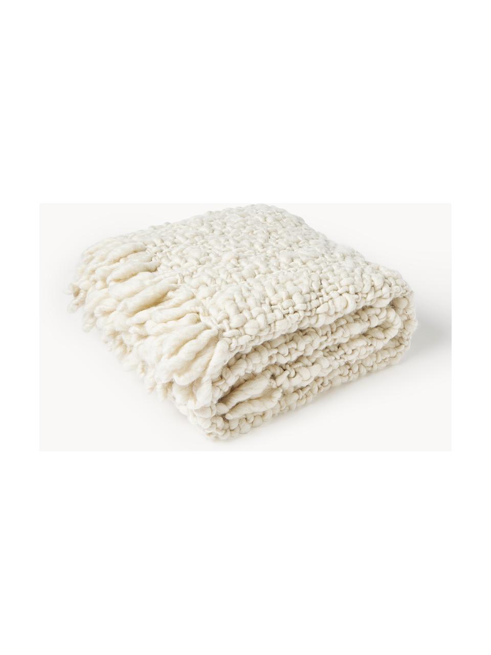 Plaid en laine artisanal avec franges Belen, Blanc cassé, larg. 130 x long. 170 cm