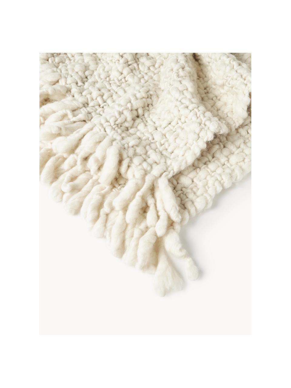 Coperta in lana a maglia grossa con frange Belen, Bianco latte, Larg. 130 x Lung. 170 cm