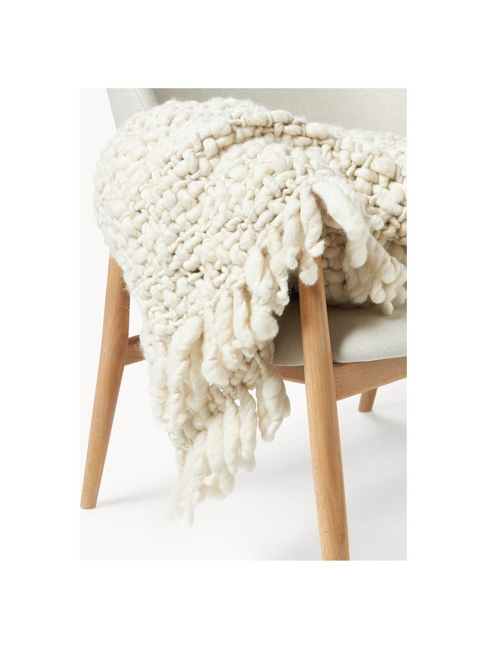 Handgemaakte grofgebreide wollen deken Belen met franjes, Gebroken wit, B 130 x L 170 cm