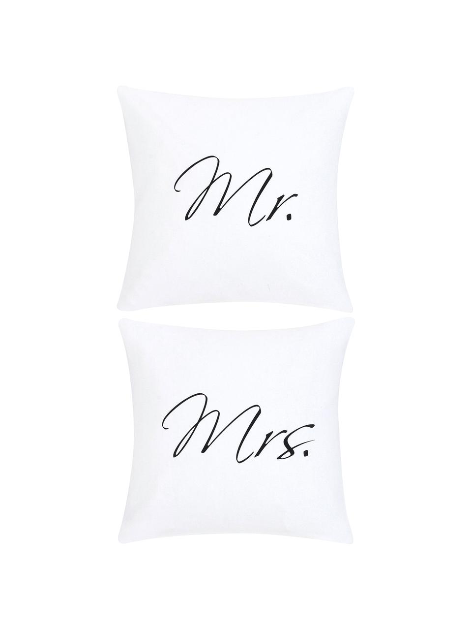 Sada povlaků na polštáře z perkálu s nápisem Mr&Mrs, 2 díly, Bílá, černá