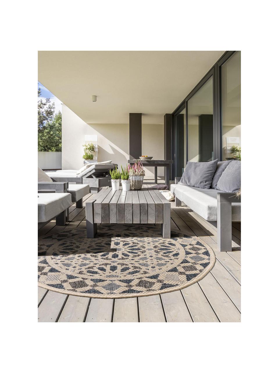 Rond in- en outdoor vloerkleed River met bloemenpatroon, 100% polypropyleen, Grijsblauwe tinten, lichtbeige, Ø 130 cm (maat M)