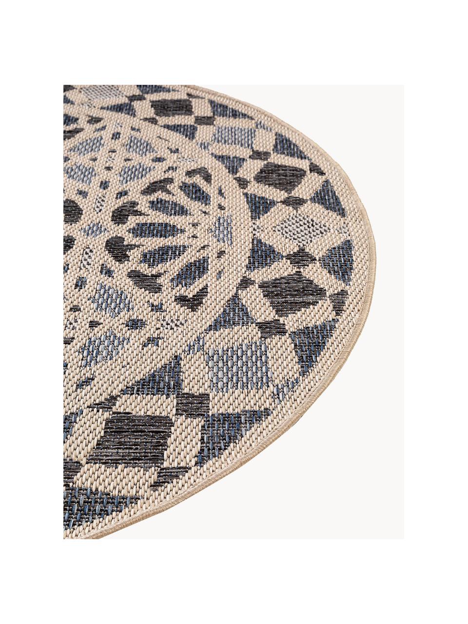 Tapis rond d'extérieur à motif floral River, 100 % polypropylène, Tons bleus, beige clair, Ø 130 cm (taille M)