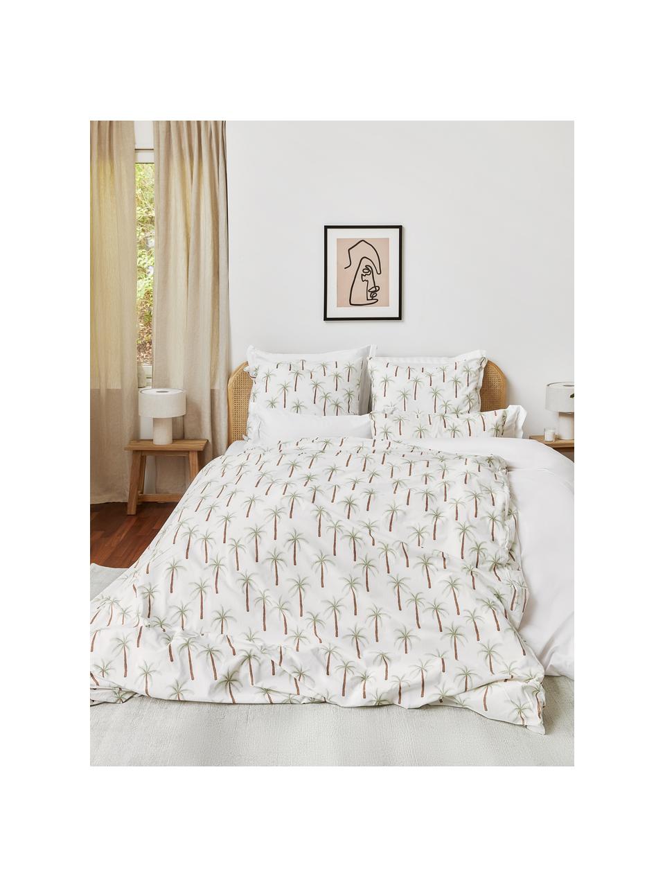 Ropa de cama de percal de algodón ecológico Martha, Blanco con palmeras, Cama 135/140 cm (200 x 200 cm), 3 pzas.