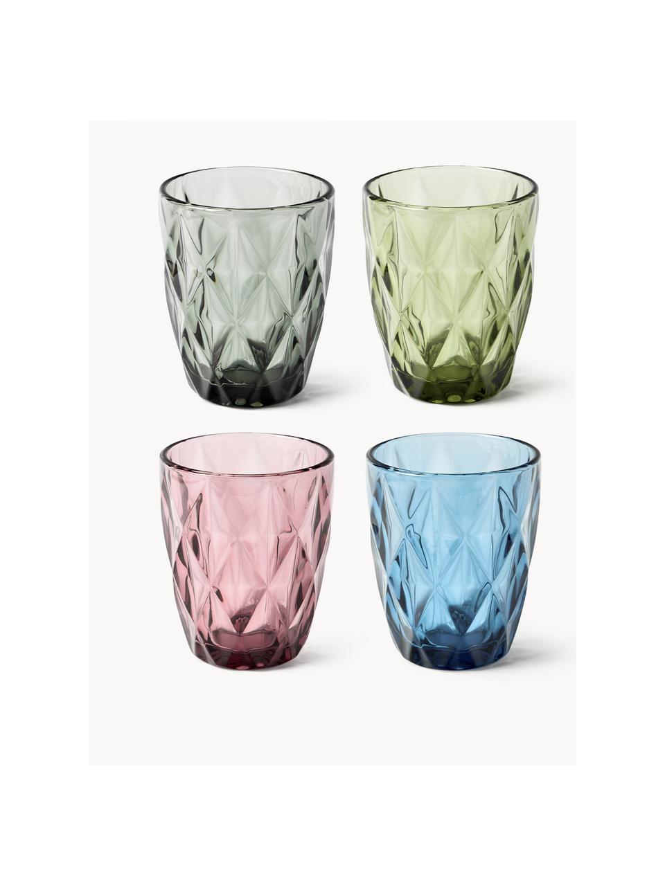 Verres à eau avec embossage décoratif Colorado, 4 élém., Verre, Bleu, mauve, gris, vert, Ø 8 x haut. 10 cm, 260 ml