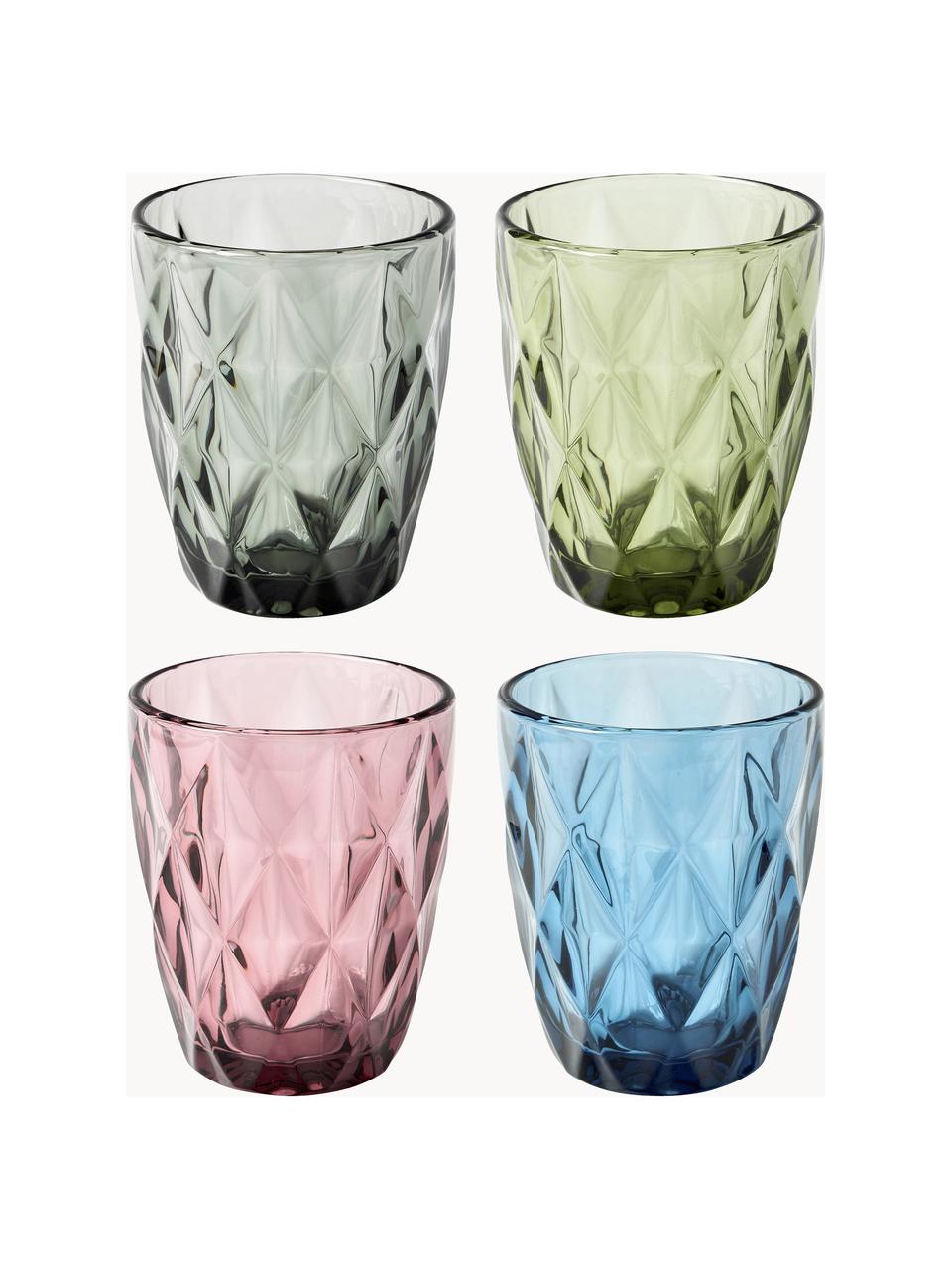 Verres à eau avec embossage décoratif Colorado, 4 élém., Bleu, mauve, gris, vert, Ø 8 x haut. 10 cm, 260 ml